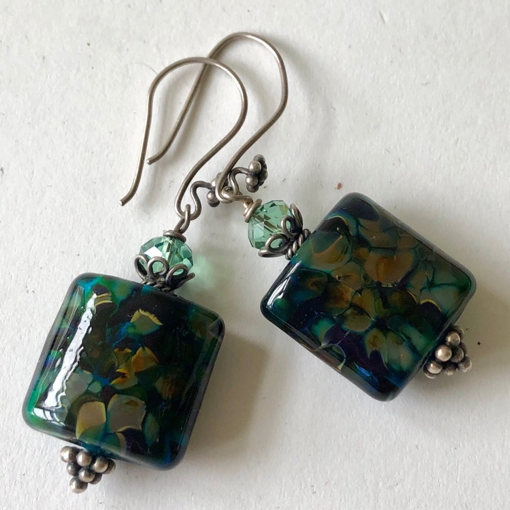 Glass drop earrings blue green